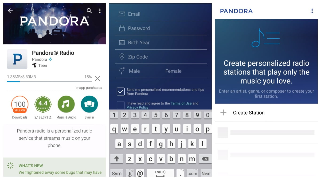 Скриншоты, сделанные в приложении "Pandora Radio" для Андроид.