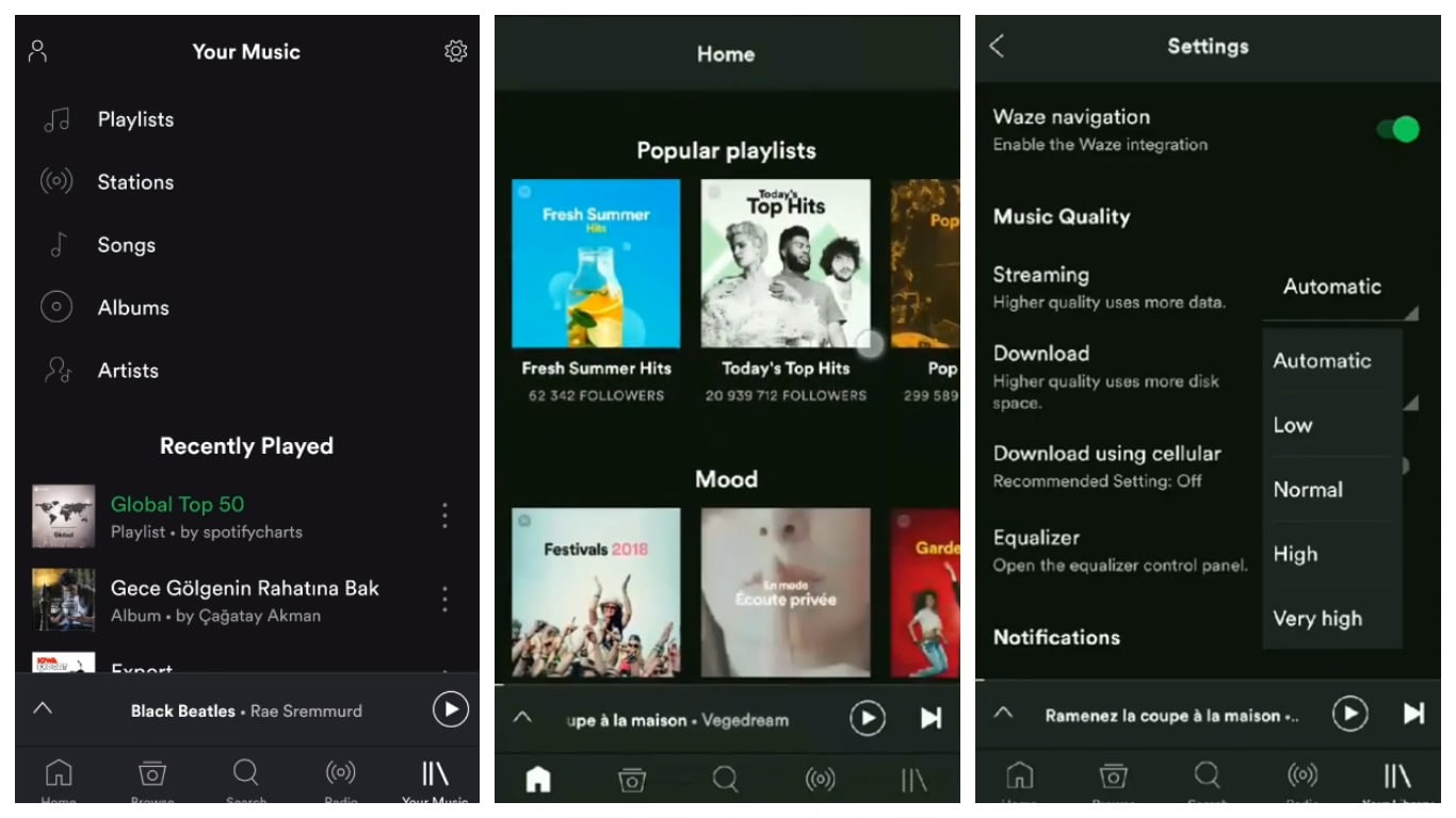 Скриншоты, сделанные в приложении "Spotify" для Андроид.