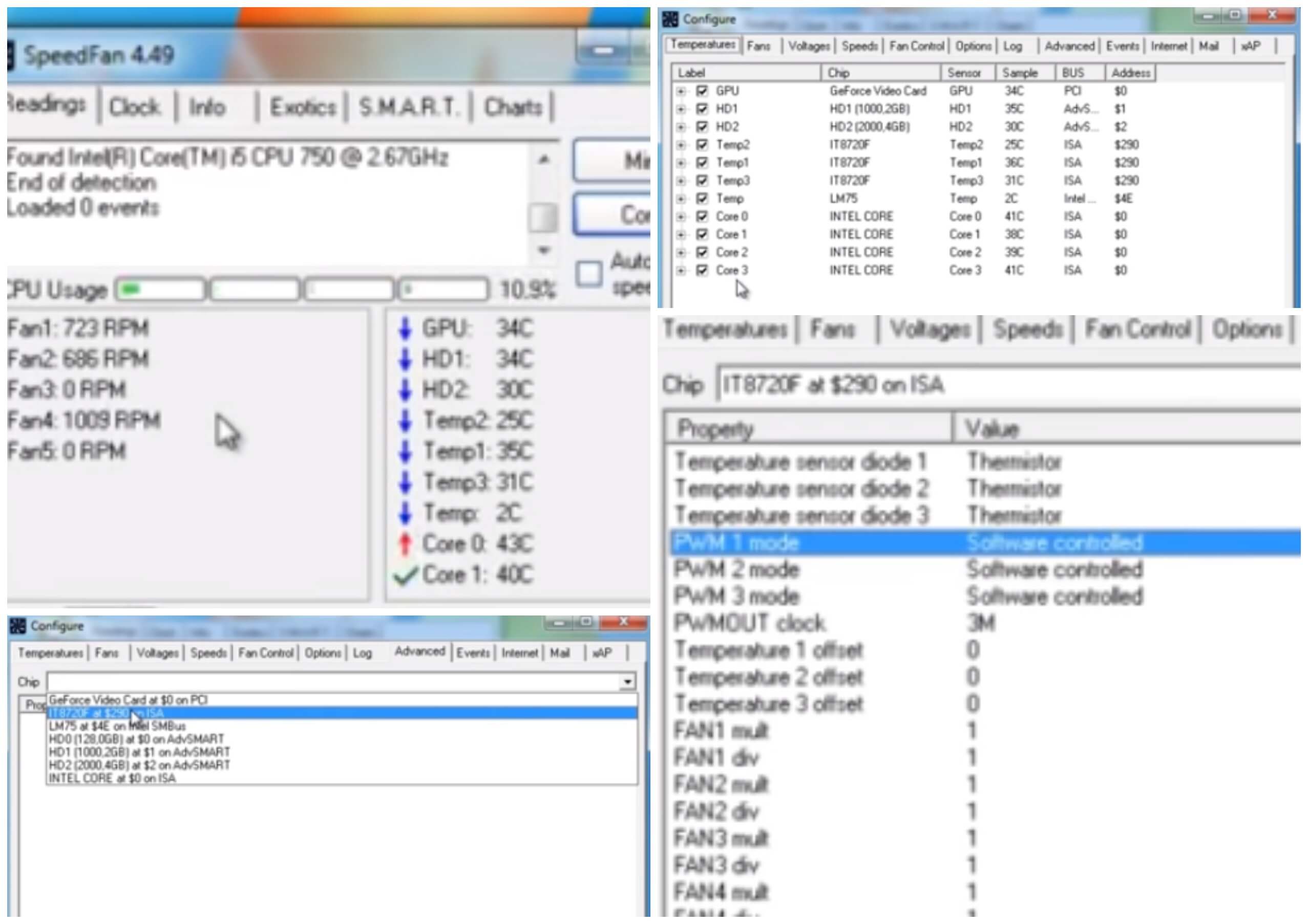 На фото изображена настройка кулера черед программу СпидФан.