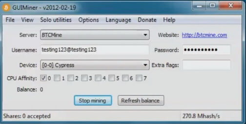 На фото изображена программа GUI Miner.